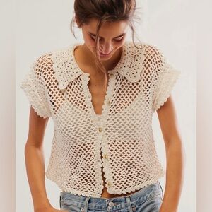 NWT Free People Lily Crochet Cream Collared Top size small